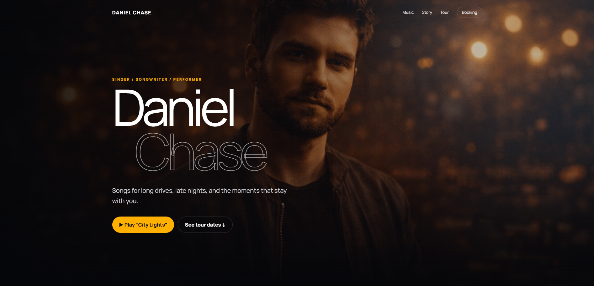 Daniel Chase one-page musician website concept shown on desktop