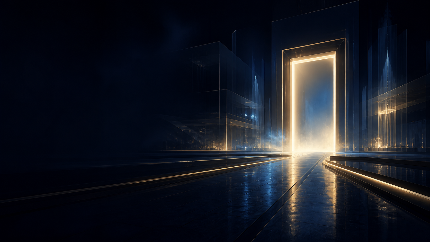 A blue and gold illuminated boulevard leading toward an open doorway of possibility